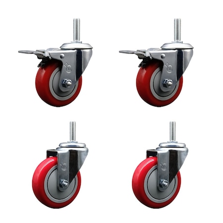 Service Caster 4 Inch Red Polyurethane Swivel 58 Inch Threaded Stem Caster Set 2 Total Lock Brakes SCC-TSTTL20S414-PPUB-RED-58212-2-S-2